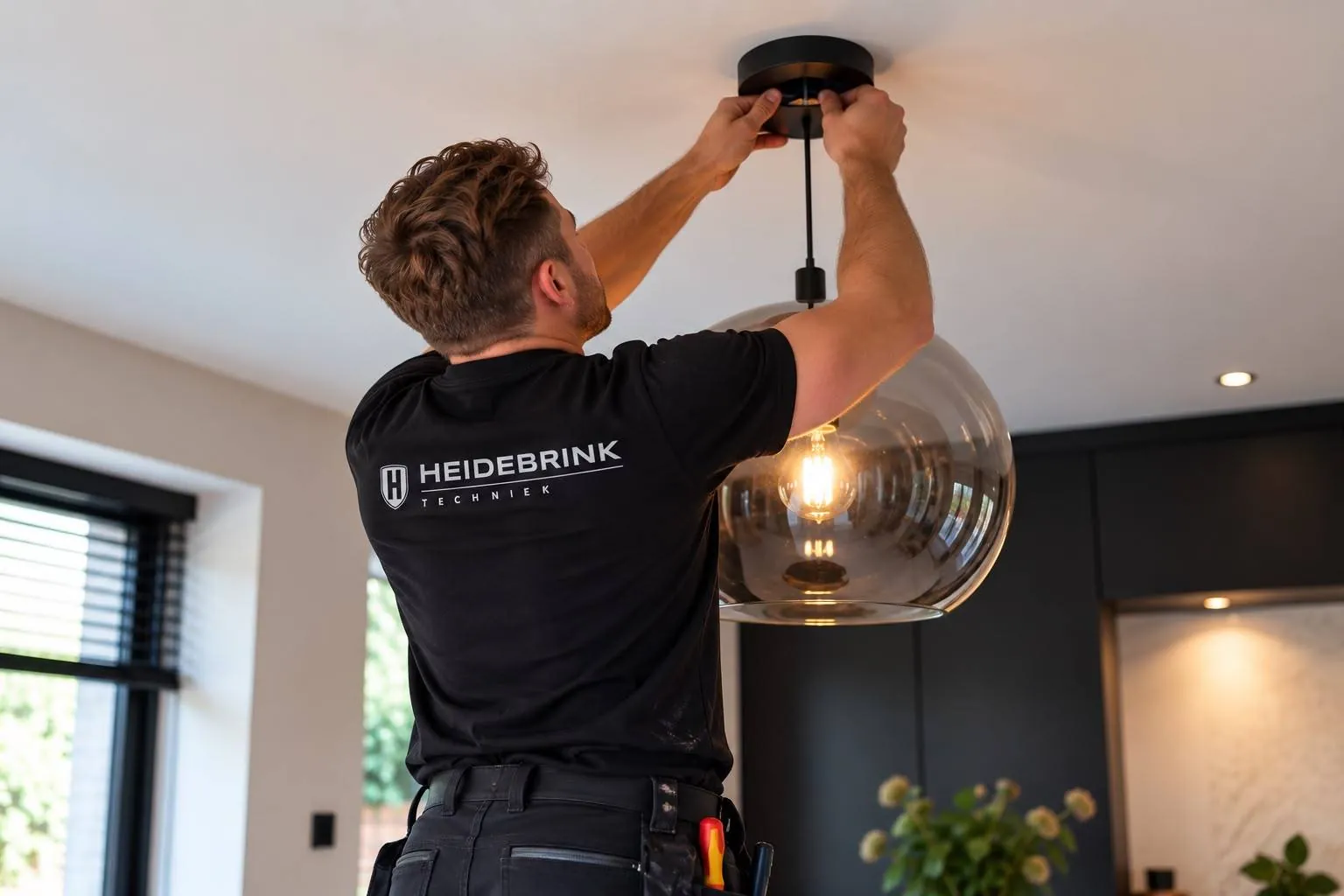 Monteur bevestigt een hanglamp aan het plafond