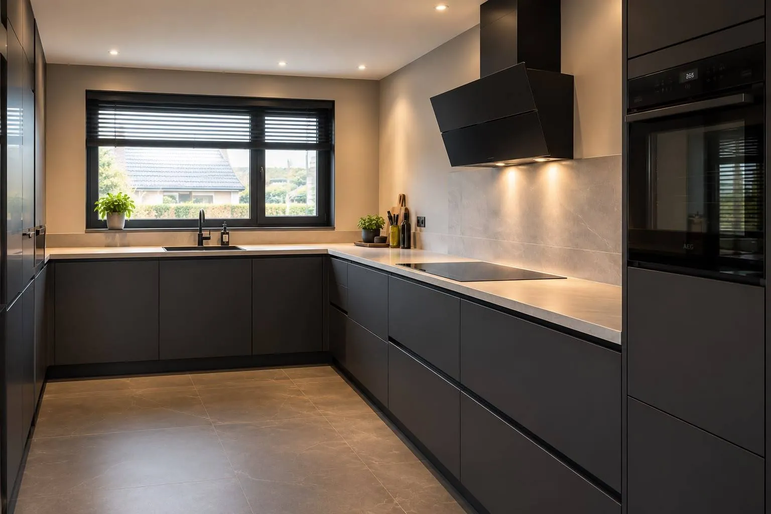 Afgeronde keukenrenovatie met donkere keuken, stenen werkblad en inductiekookplaat