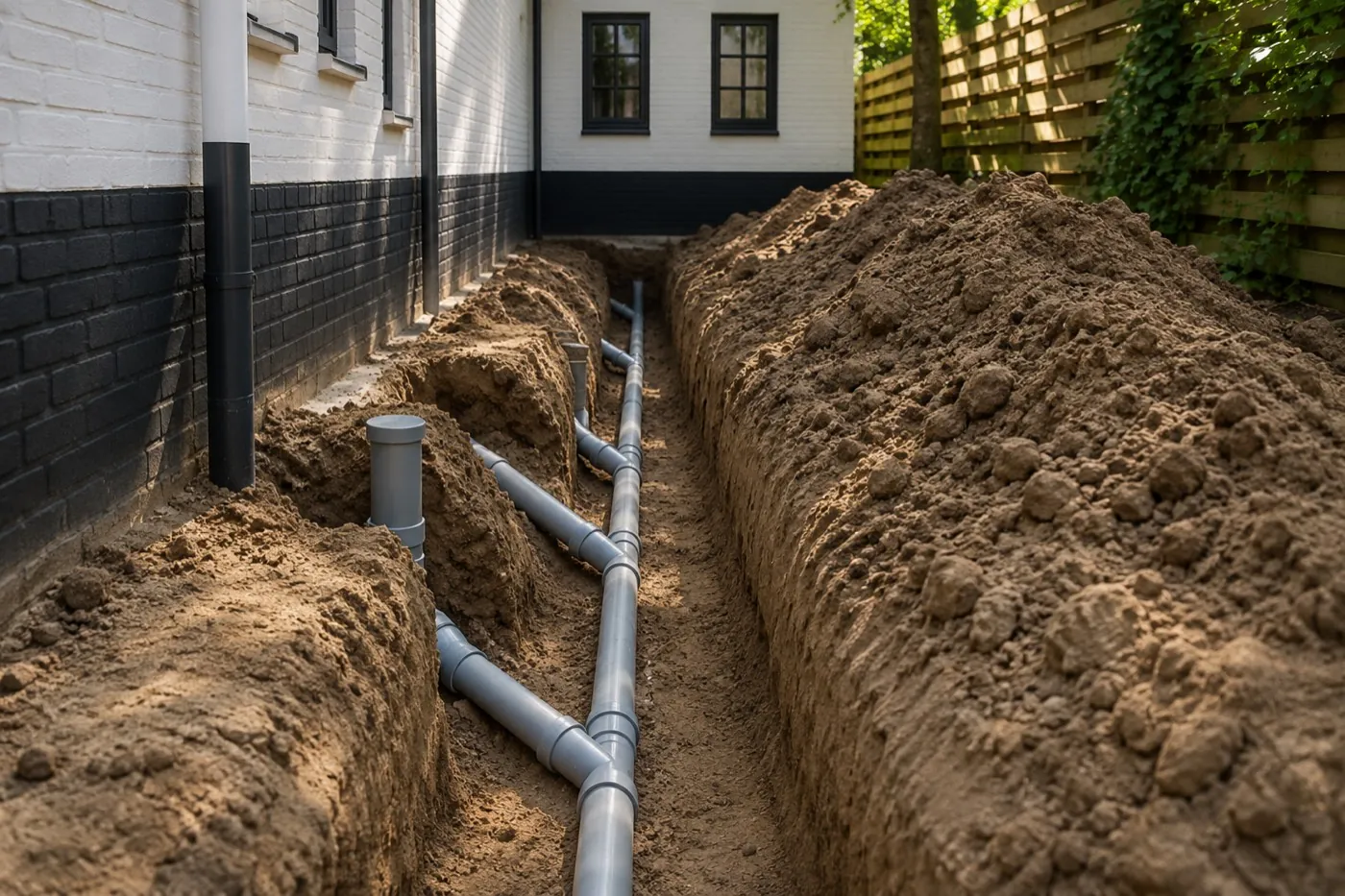 Nieuwe afvoerleiding in een uitgegraven sleuf